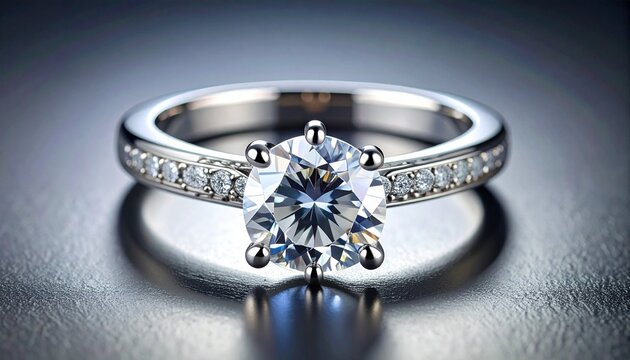 Close-up of a platinum engagement ring with a round-cut diamond in six-prong setting, flanked by pavé diamonds on the band, photographed on a reflective surface with soft lighting. - Powered by Adobe