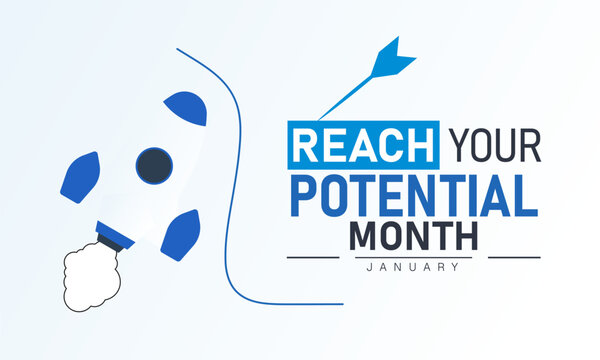 Reach Your Potential Month Poster Banner and Background Design Template Featuring Goal Icons, Trophy, and Success Illustration for Motivation, Personal Growth, Achievement, and January Self Improvemen