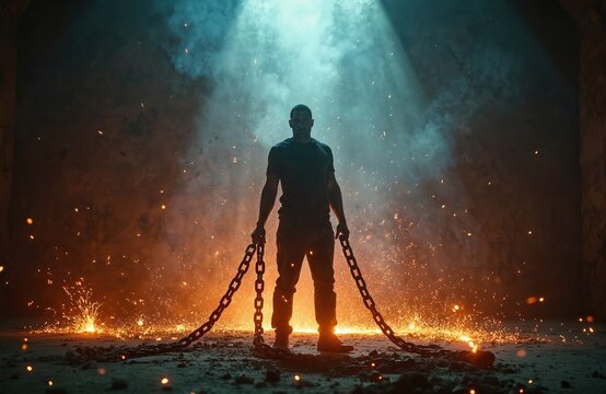 Muscular man breaks heavy metal chains. Guy stands strong against oppression. Sparkles fly around. Symbol of freedom, strength, independence. Overcoming difficulties, challenges. Business, law,