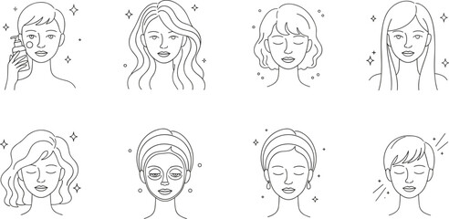 Set of Eight Skincare and Beauty Line Icons Featuring Women Applying Cream, Face Mask, Different Hairstyles, and Glowing Skin.