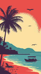 Obraz premium Minimalist vector tropical beach sunset with palm trees, calm sea waves, boat silhouette, birds flying, and distant mountains landscape art deco style