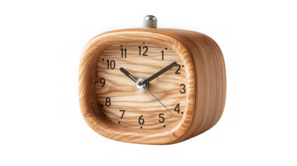 Square wooden alarm clock with analog face isolated on transparent background