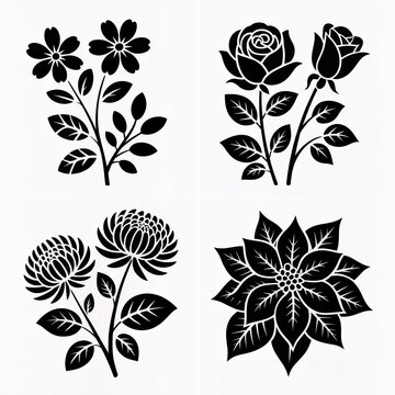 A clean, minimalist graphic design composition featuring four distinct black silhouette floral motifs arranged in a 2x2 grid on a pure white background. 