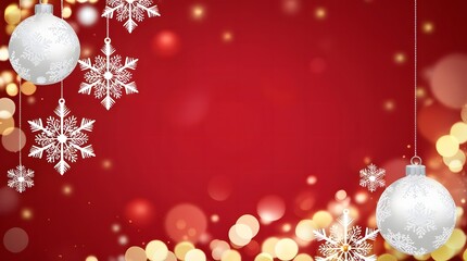 Festive red christmas background with snowflakes and ornaments
