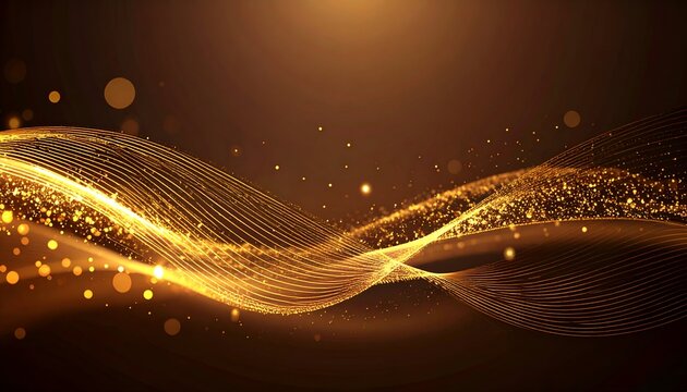 Abstract golden wave, particle effects, bokeh, and gradient brown background