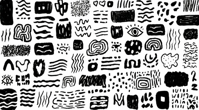 A collection of various black and white abstract hand-drawn patterns