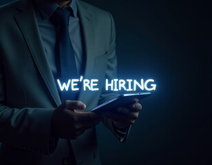 Word writing text we re hiring business photo showcasing advertising employment workforce placement new job male human wear formal work suit presenting presentation using smart device Hiring (applyi