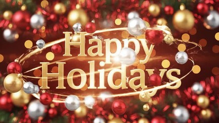Animated Happy Holidays lettering with light trails over festive red and gold ornaments, holiday greeting for Christmas and New Year celebration