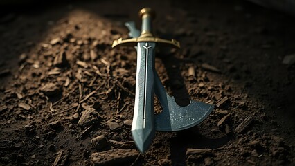 speciation. Medieval sword and axe crossed on a ground, dirt and minimal debris, dramatic side lighting. event programs, museum guides, designed for cultural heritage projects and event programs.