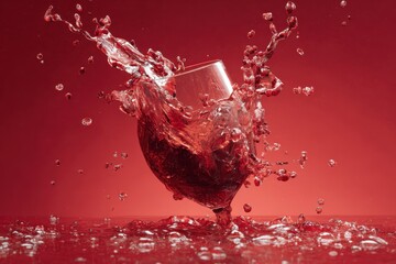 Red wine splashes in a vibrant display against a deep red background in an artistic and dynamic moment