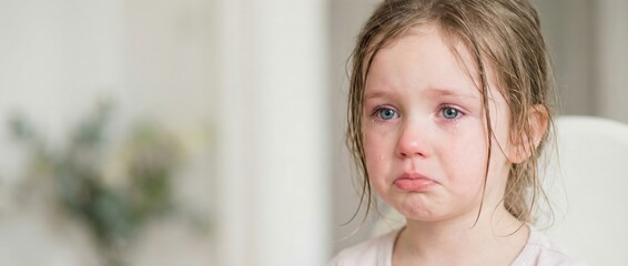 Sad child with tearful expression, sitting in a softly lit room, showcasing emotional vulnerability and innocence, conveying feelings of sorrow and distress