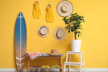 Bench, houseplant and surfboard near yellow wall in room