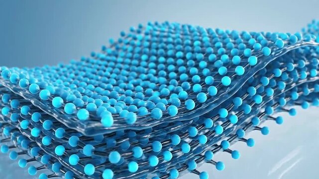 Microscopic View of Graphene Layers Forming a Wavy Nanostructure with Blue Spheres and Metallic Strands on a Light Blue Gradient Background