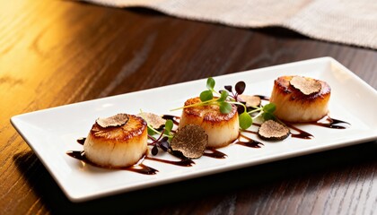 Gourmet seared scallop appetizer artfully plated with truffle and microgreen garnish, presented on a white rectangular dish with rich dark wood background, soft warm lighting accentuating texture a...