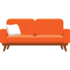 Modern Orange Two Seater Sofa With A Single Black Cushion And Brown Wooden Legs On A Transparent Background