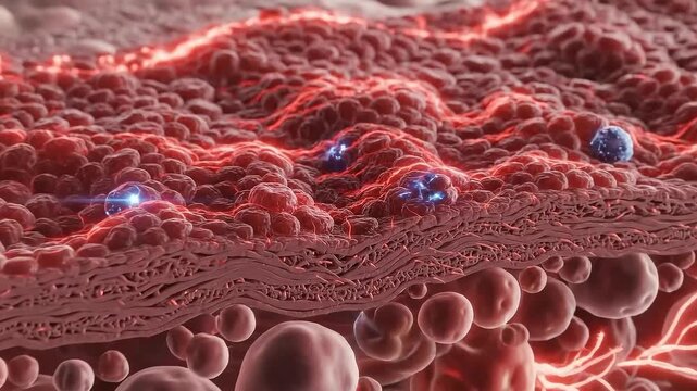 Microscopic view of layered skin cells with glowing red particles illuminating the dermal tissue creating a vibrant microscopic biological