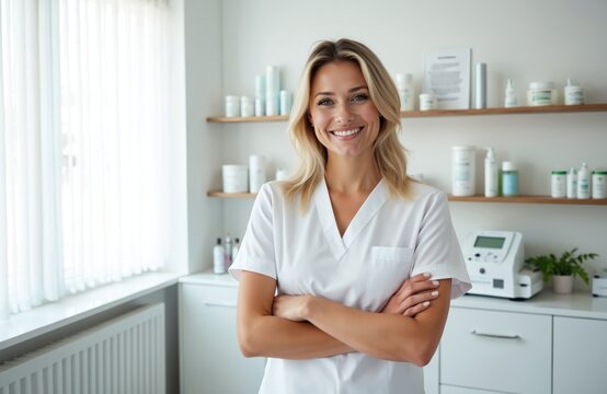 Smiling young female cosmetologist in white coat stands with arms crossed in clinic room. Professional beautician poses near shelves with skincare products and medical equipment.