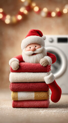 Fototapeta premium Santa claus peeking behind a stack of red and white clean laundry towels with a washing machine in the background.Perfect for announcing New Year's promotions in a home appliance store.