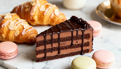 Decadent chocolate cake slice with glazed croissants and delicate macarons on marble, inviting indulgence and sweet delight.