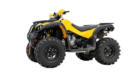 low-angle studio photograph of a vibrant yellow sport atv covered in dried mud on a white background with clean copy space, aggressive design, concept for extreme sport vehicle advertising