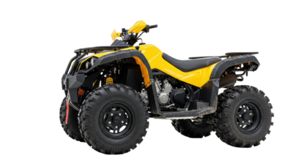 low-angle studio photograph of a vibrant yellow sport atv covered in dried mud on a white background with clean copy space, aggressive design, concept for extreme sport vehicle advertising