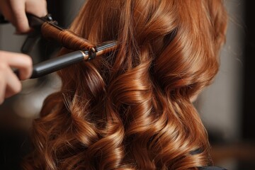 Hairdresser skillfully curls vibrant red hair with a curling iron in a modern salon setting during a busy afternoon appointment