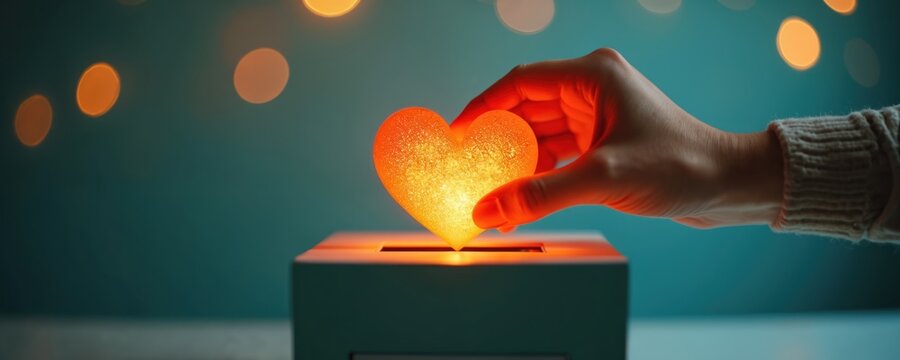 Hand places glowing heart into donation box. Symbolizes giving love, support, and charity. Represents kindness, altruism, and community spirit. Generosity brightens world.