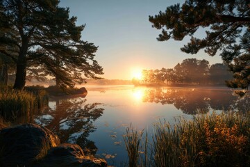 Fototapeta premium Beautiful sun wallpaper showcasing a tranquil sunrise over a calm lake surrounded by trees and soft mist during early morning hours