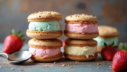 Stacks of colorful ice cream sandwiches with cookies sit on a rustic wooden table. Fresh strawberries and a spoon complete this delightful sweet treat assortment, perfect for summer.