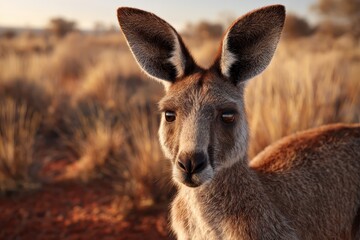 Fototapeta premium Realistic depiction of a kangaroo against the backdrop of Deep Creek in Australia during golden hour, showcasing its detailed fur and expressive features in a natural setting