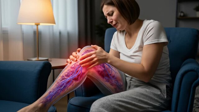 Woman suffering from knee pain with inflamed joints and visible vascular system. Health and medical illness concept footage.