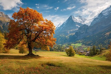 Fototapeta premium Vibrant autumn landscape features an orange tree against majestic mountains in a tranquil valley during daylight hours