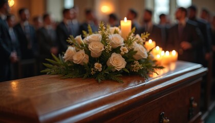 Funeral ceremony with closed wooden coffin adorned with white flowers and candles. People in suits stand in church. Focus on coffin floral arrangement. Mourning.