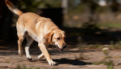 Energetic fawn labrador running outdoors, dynamic motion, soft natural light, joyful abandon, perfect for pet product ads, lifestyle blogs, and veterinary services.