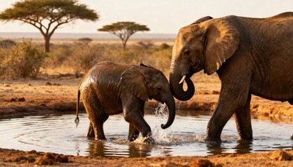 Tender Moment: Adult and baby elephant in water at sunset, savanna landscape, warm golden light, wildlife interaction, serene nature scene.