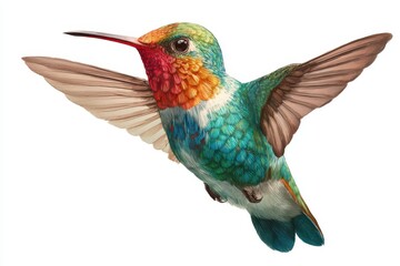Naklejka premium Colorful hummingbird in mid-flight displaying vibrant plumage against a transparent backdrop showcasing its intricate feathers and natural beauty