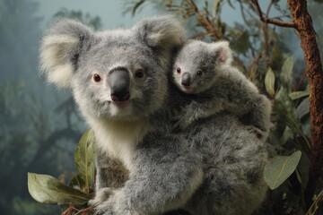 Obraz premium Mother koala carries her baby on her back among lush foliage in an Australian forest during daylight hours