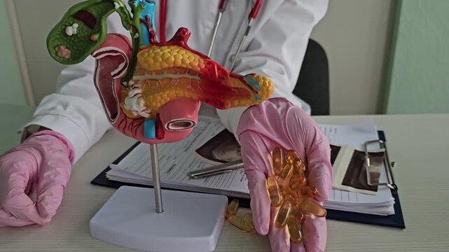 Detailed anatomical model of pancreas with supplements in medical setting for educational purpose
