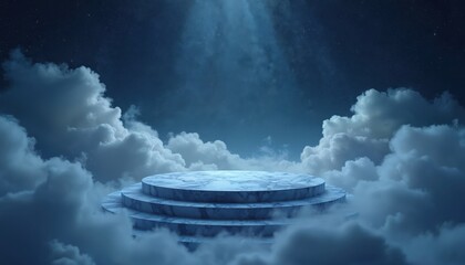 Circular marble podium on cloud layer under night sky with stars. Stage for product display presentation or award ceremony, ethereal surreal scene. Fantasy backdrop for cosmic themes and dreams.
