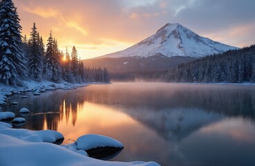 Winter sunrise over snow covered mountain lake forest reflects golden sky. Morning mist rises from calm water surface, pine trees dusted with fresh snow. Tranquil, serene, natural landscape.