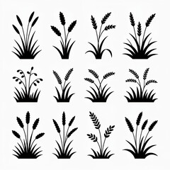 A minimalist, graphic illustration showcasing twelve distinct black silhouette motifs of stylized wheat or grass stalks, arranged in a 3x4 grid against a clean white background. 