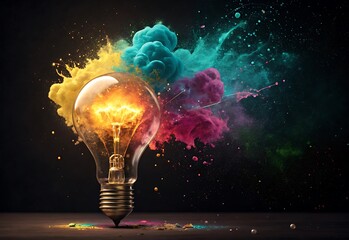 A glowing light bulb bursting with vibrant color and creative energy