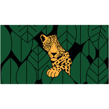 Jaguar Peeking Through Jungle Leaves Illustration: Leopard Peering from Tropical Green Foliage, Wild Cat Predator in Rainforest - Flat Vector Design