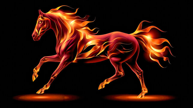 A horse with flames on its back galloping on a black background