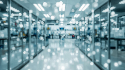 Fototapeta premium Abstract defocused laboratory background with glass flasks and beautiful bokeh. Medical science, pharmaceutical or chemical research backdrop.