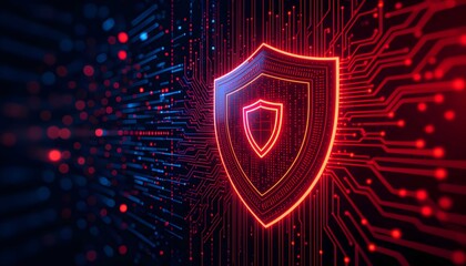 Cyber security shield protecting the digital network infrastructure from threats