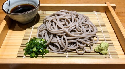 Traditional Japanese zaru soba served on a wooden bamboo tray