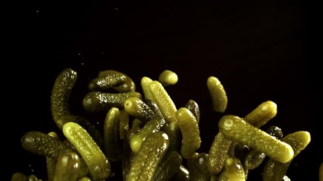 Pickled cucumbers fly and fall on a black background. Filmed on a high-speed camera at 1000 fps. High quality FullHD footage