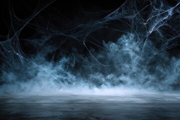 Eerie atmosphere filled with fog and cobwebs creates a haunting backdrop suitable for a spooky event or theme