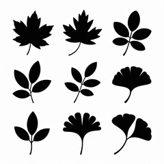 A minimalist, graphic design composition showcasing nine distinct silhouettes of autumnal leaves arranged in a 3x3 grid against a pure white background. 